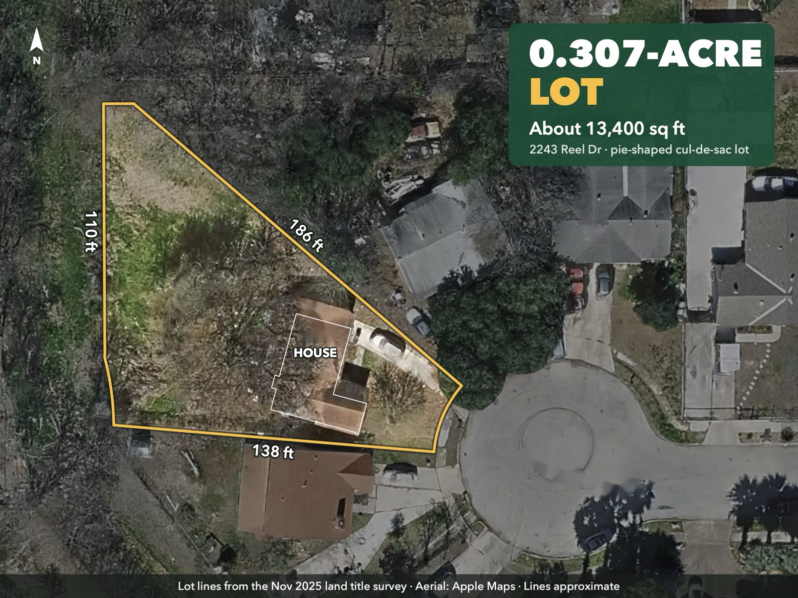Aerial photo of 2243 Reel Dr with the lot's property lines outlined